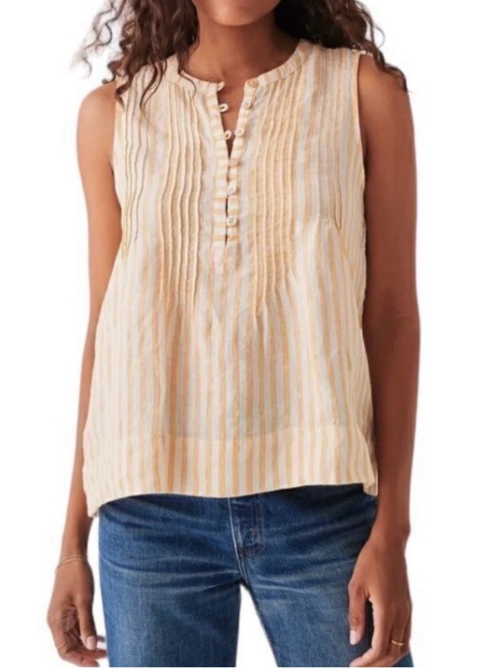 Faherty Isha Linen Pintuck Pleat Yellow Striped Tank Top Coastal Beach Women’s S